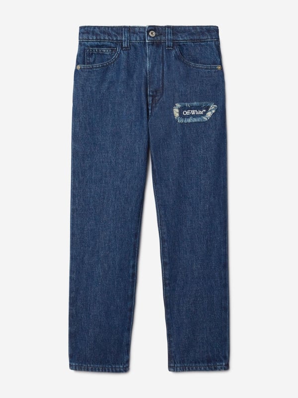 Introducing the Boys Bookish Patch Regular Jeans in Blue by Off White, a stellar addition for the discerning young fashion enthusiast's AW2024 wardrobe. Impeccably crafted, these jeans blend classic charm with contemporary flair. Key features include: Distinctive Bookish Patch: A unique, intellectual-themed patch adds an element of whimsy and sophistication. Premium Denim Fabric: Constructed from high-quality denim ensuring durability comfort. Versatile Blue Hue: Ideal for coordinating with a variety of tops and shoes.Elevate your boy's style with these must-have designer jeans. Perfect for school events or weekend outings!