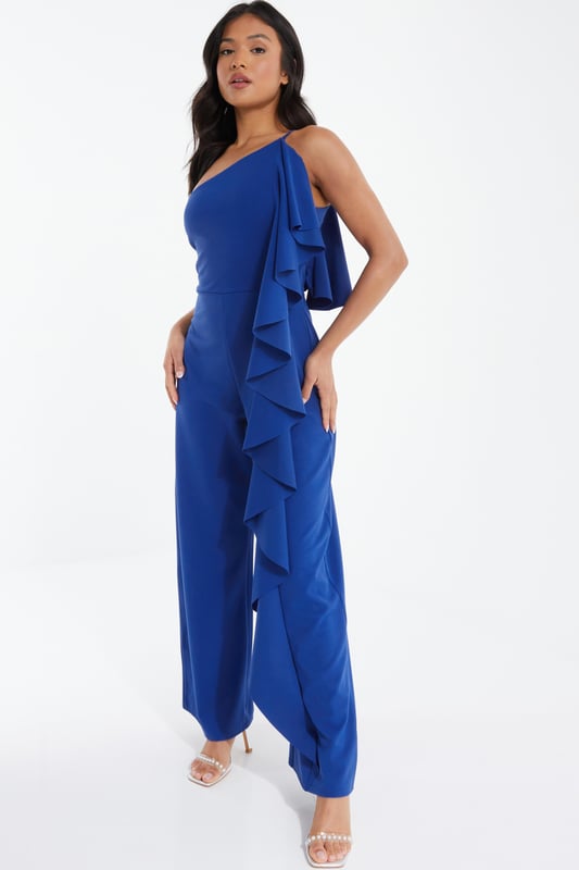 Petite Royal Blue One Shoulder Frill Palazzo Jumpsuit