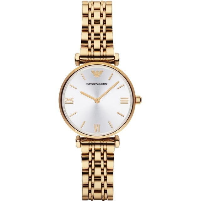 This attractive ladies Emporio Armani watch is made from PVD gold plated and is fitted with a quartz movement. It is fastened with a gold tone metal bracelet and has a silver dial. 31mm width