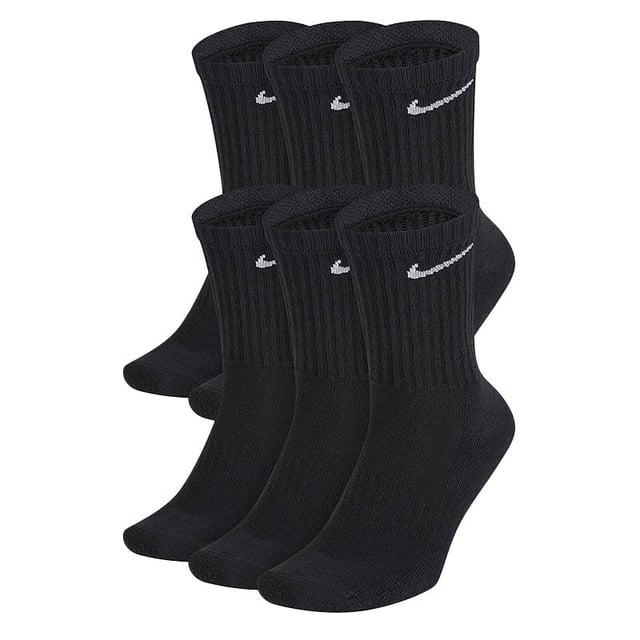 Nike SX7666 Unisex Everyday Cushion Crew Training Socks (6 Pairs) Black Nike Dri-fit Technology Helps You Stay Dry and Comfortable. -- . Thick terry sole provides comfort and impact absorption. Ribbed arch band offers a supportive feel. Crew silhouette covers your ankle and lower calf. With Nikes staple Dri-Fit technology wicking away moisture, keeping your feet dry and comfortable, these socks should be cemented as a part of any outfit.