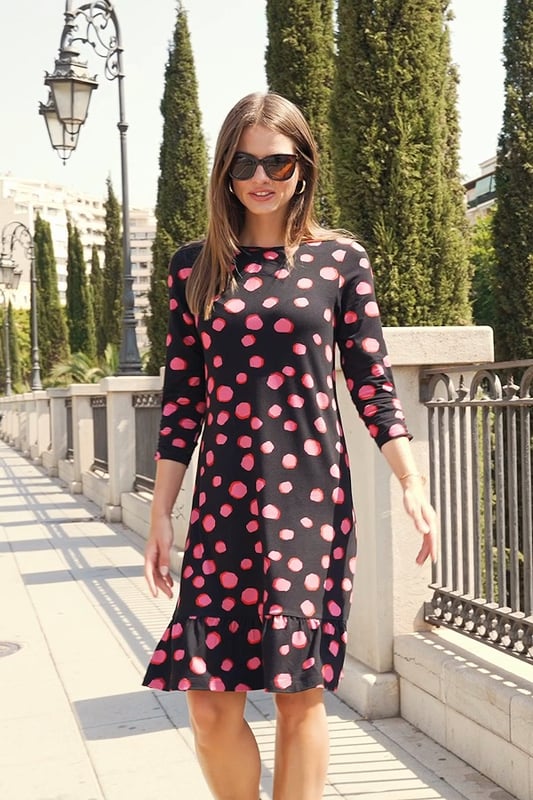 Black Pink Spot Print Shift Dress With Ruffle Hem