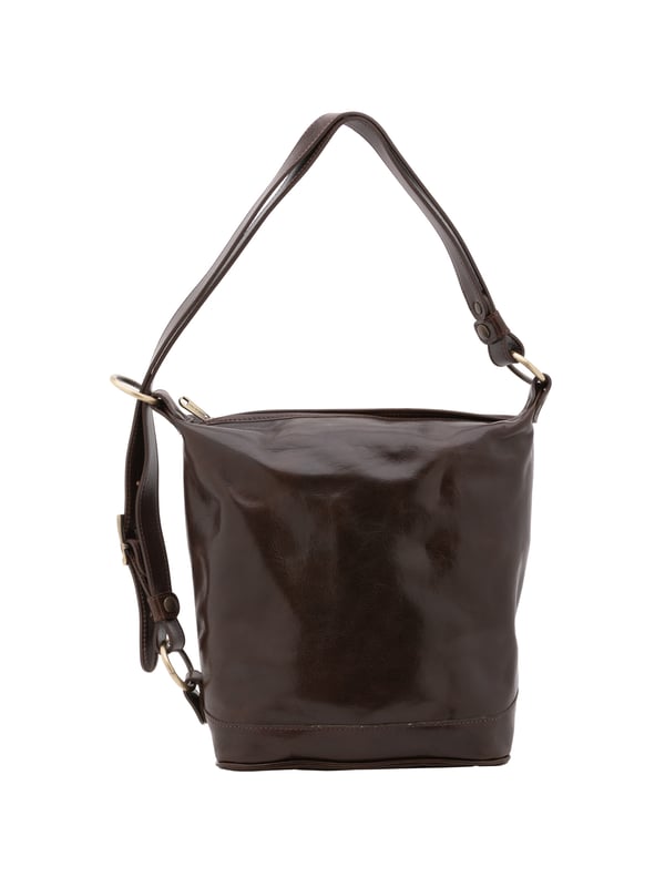 Damen-Beuteltasche mit Reißverschluss. eine mit Reißverschluss-Innentaschen. fehlende Außentaschen. verstellbarer Schultergurt aus Leder. fehlender Griff. ein Innenfach.  Außenmaterial. Innen mit Baumwolle gefüttert. Maße: 34x33x15 cm. Hergestellt in Italien