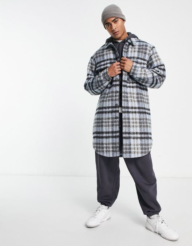 ASOS DESIGN longline check shacket in blue