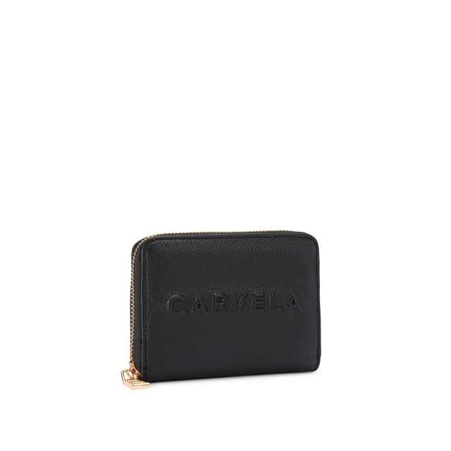 This Carvela Frame Mini Purse is crafted in a black textured leather alternative with embossed branding on the front. There is a gold zipper to close the purse. Dimensions: 9cm (H), 12cm (L), 2cm (D).