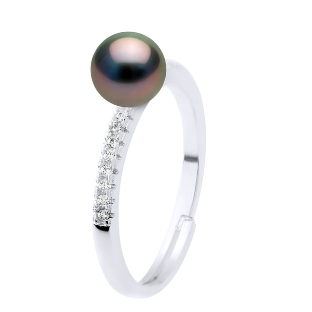 Ringsmycke - Äkta odlad TAHITI-pärla rund 7-8 mm - Smycke Paving Cubic Zirconia Silver 925 Rhodiumpläterad - Storlek justerbar från storlek 48 till storlek 62 - Levereras i låda och med sitt äkthetscertifikat och internationella garanti - MADE IN FRANCE