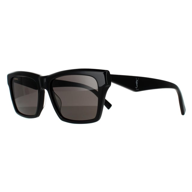 Saint Laurent Rectangle Unisex Shiny Black Dark Grey Sunglasses Saint Laurent are a statement bold design with Mongram YSL logo on the winged temples and a strong top frame for a contemporary fashionable look.