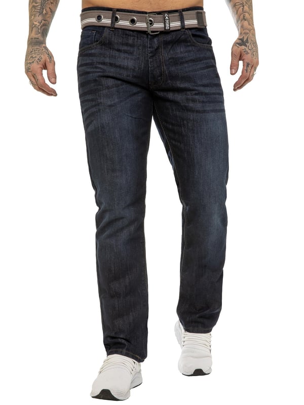 Enzo Mens Regular Fit Jeans. Free Belt Included (Belt colour may vary). 5 Pockets including the Coin Pocket. Branded Buttons and Rivets. Midrise Zip Fly Fastening.(EZ399)