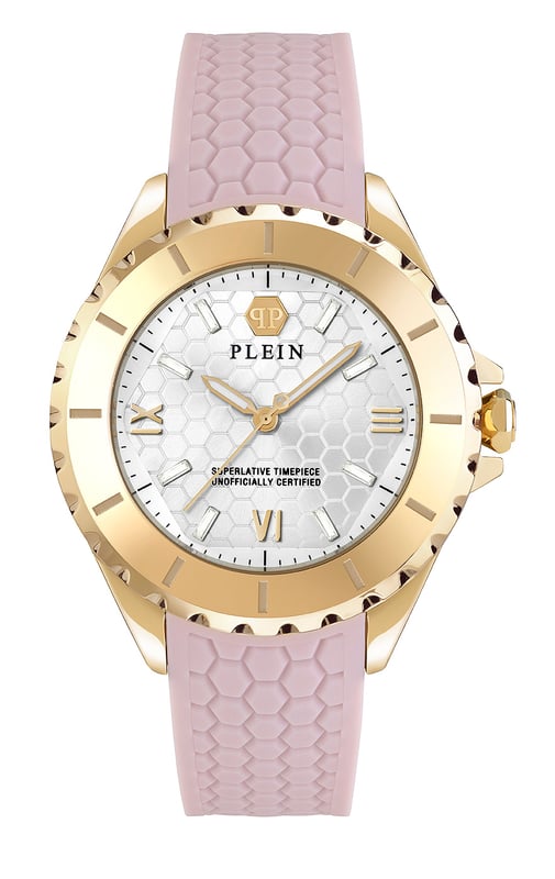 This Philipp Plein Plein Heaven Analogue Watch for Women is the perfect timepiece to wear or to gift. It's Gold 38 mm Round case combined with the comfortable Pink Silicone watch band will ensure you enjoy this stunning timepiece without any compromise. Operated by a high quality Quartz movement and water resistant to 5 bars, your watch will keep ticking. Philipp Plein’s Heaven watches represent the epitome of sophistication and technical mastery within the world of luxury timepieces. This Analogue watch has a  function: Luminous Hands High quality 19 cm length and 18 mm width Pink Silicone strap with a Buckle Case diameter: 38 mm,case thickness: 12 mm, case colour: Gold and dial colour: Silver