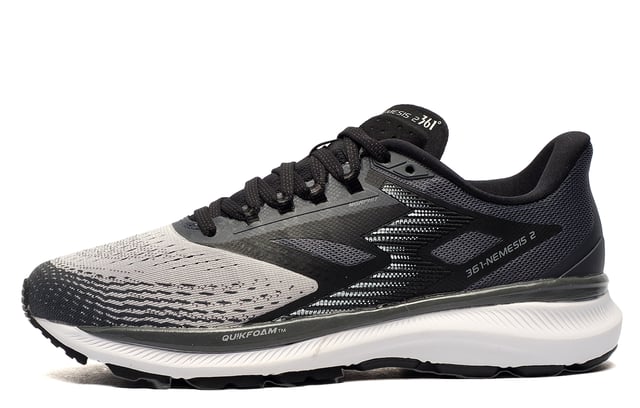 If youre looking for a high-end running shoe at a great price, then look no further than the 361 Nemesis 2. A durable, super comfy supportive running shoe designed for all types of runners who want extra support and superior cushioning underfoot. 
 Rightly named as it reaches to the peaks of endurance and beyond the 361 Nemesis 2 delivers on all fronts. 
 The Nemesis 2 uses a unique double layer textile / mesh to provide full toe-to-heel ventilation. The perfect fit MORPHIT lacing system has been adapted to include both medial and lateral support; accommodating different foot shapes, while still providing the necessary support in motion.
 The soft tongue reduces pressure over the top of the foot with its anatomical design while a soft padded heel and ankle collar allows the shoe easier on / off wear and a more sumptuous fit and feel
 The Nemesis 2 also gets a new double-layered cushioned platform make up. The top layer uses full-length QUIKFOAM and the bottom layer uses EVA to enhance the stability of the shoe  providing a more stable base for all your high performance needs. The extended medial post helps to slow the rate of roll at first contact with the ground which in turn makes for a smoother transition and contributes to better running efficiency.
 The Nemesis is a 5-star running shoe at a once in a lifetime price !
 
 - Textile / Double-layer mesh mix upper enhances breathability
 - Wide fit (2E)
 - Anatomical pressure free tongue design
 - Soft textile lining for comfortable fit and feel
 - Contoured heel design
 - Easy on/off wear
 - Perfect fit lace up closure
 - OrthoLite comfort cushioned insole
 - Quickfoam andEVA rubber blend midsole 
 - Durable outsole 
 - 361 branding
