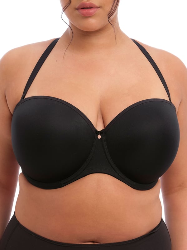 Elomi Smooth Underwired Strapless Bra in Black. Moulded with a sweetheart neckline and removable multiway straps. Product is made of 37% Nylon/Polyamide, 25% Elastane, 38% Polyester and is hand-wash only.