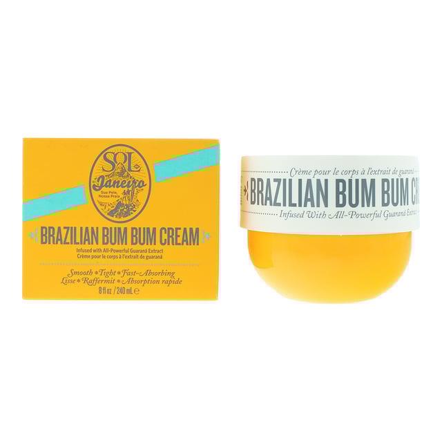 The Sol De Janeiro Brazilian Bum Bum Body Cream is a cult-favorite, richly nourishing body cream known for its powerful skin-smoothing and firming properties. This luxurious cream is inspired by the Brazilian beauty secret of "Bum Bum," or tight, smooth skin, particularly on the booty. The cream absorbs quickly, delivering an instant, visible glow with a subtle shimmer that enhances the skin's natural radiance.