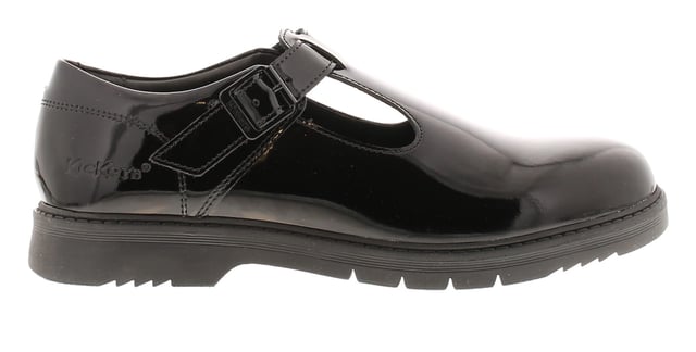 Kickers Girls School Shoes Finley T Bar Leather Buckle Black. Leather Upper. Pu Lining. Synthetic Sole. Footwear Slip-On.
