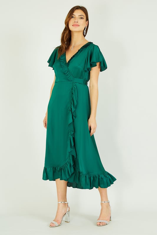 shape emerald green satin wrap dress Vilma Satin Wrap Midi Dress VICI