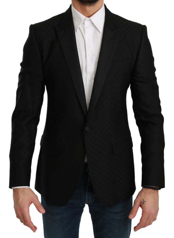 Color: Black polka dotted pattern
  Model: Single breasted one piece formal jacket blazer coat
  Material: 50% Virgin Wool 50% Rayon
  Inner Lining: 100% Silk
  Fit: Slim Fit
  One front button closure
  Three front pockets
  Three inside pockets
  Logo details
  Made in Italy
Material: 50% Virgin Wool 50% Rayon