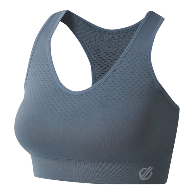 Material: Elastane, Nylon, Polyamide, Polyester. Fabric: Mesh, Q-Wic, Stretch. Design: Logo, Plain. Fabric Technology: Antibacterial, Moisture Wicking, Quick Dry, SeamSmart Technology. Medium Support, Removable Padded Cups, Seamless, Shaped Cups. Back Style: Racerback. Neckline: Scoop. XS: 27 in. S: 29 in. M: 31 in. L: 32 in. XL: 34 in.