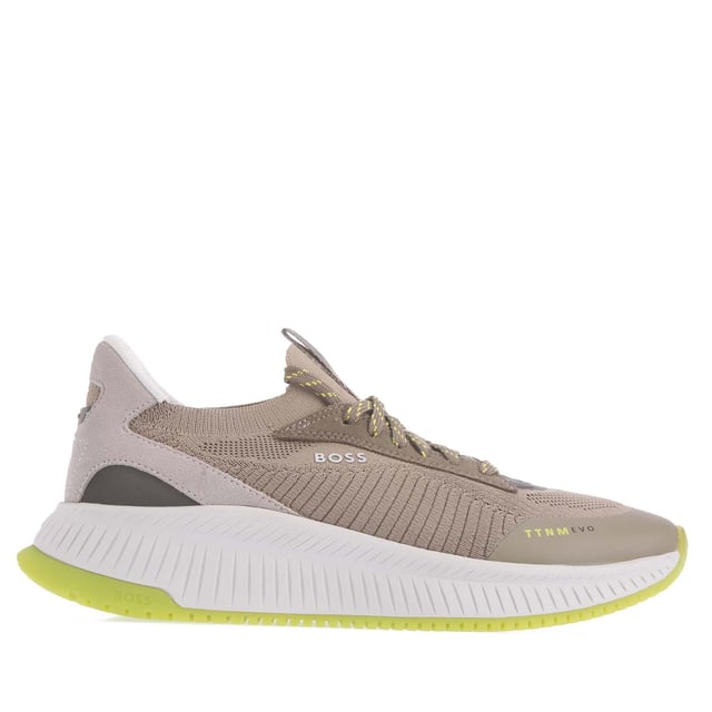 rafted in a combination of materials  including leather trims  these running-style BOSS Menswear trainers strike a distinctive profile. Lightweight ridged outsole. Knitted uppers for enhanced comfort and fit. This product contains at least 60% better raw materials. This product is partly created with recycled polyester. We at HUGO BOSS prefer recycled polyester from pre- and post-consumer textile waste and do our best to phase out polyester from PET bottles.