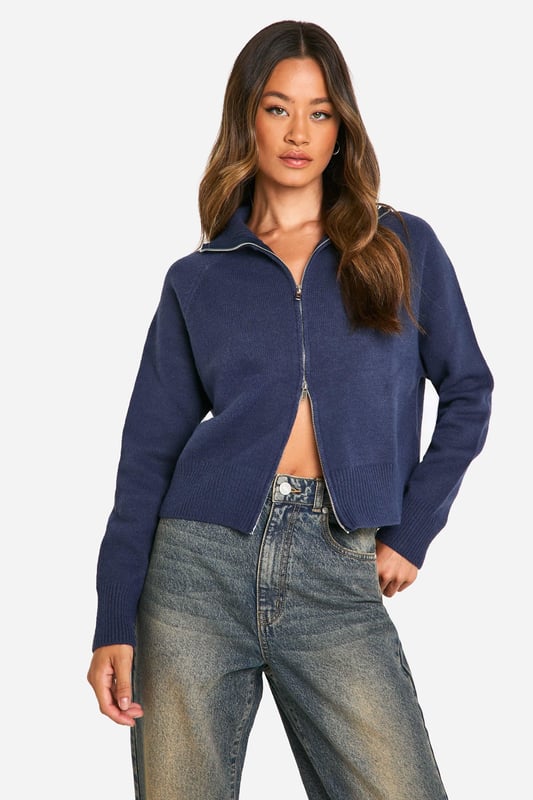 Funnel neck design for added warmth and style
        Full-length zip closure for versatile wear
        Ribbed cuffs and hem for a snug fit
        Cropped length perfect for high-waisted bottoms
        Relaxed fit through the body for comfort
    
    This tall cardigan from Boohoo is the ultimate casual wardrobe staple. The funnel neck design adds a contemporary twist to the classic cardigan silhouette, whilst the full-length zip allows for versatile styling options. Pair it with your favourite high-waisted jeans and trainers for a laid-back weekend look, or layer it over a dress for a cosy night in. The cropped length is ideal for showing off your waistline, making it perfect for casual events or family gatherings. For a trendy autumn ensemble, team it with wide-leg trousers and ankle boots, adding a baseball cap for an extra touch of cool. The relaxed fit ensures comfort without compromising on style, making this cardigan a go-to piece for those who want to stay fashionable whilst feeling at ease.