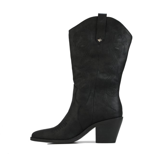 Botas feriare Rocket Dog negras para mujer, fabricadas en sintético y suela sintética. Características: estilo occidental, totalmente forrado, trabillas laterales decorativas, altura del tacón de 7 cm y plantilla de espuma afelpada.
