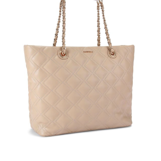 This Carvela Rosa Chain Tote Bag features a taupe leather alternative exterior with diamond quilting detail. There are two shoulder straps which have gold chain detail to match the branding on the front of the bag. Dimensions: 29cm (H), 34cm (L), 12cm (D). Strap length: 57cm.