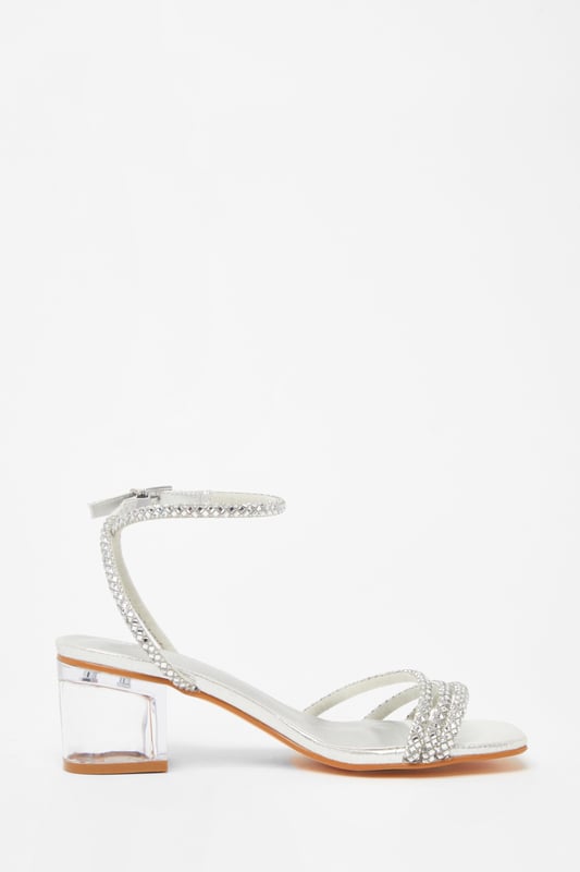 Silver Diamante Low Heeled Sandals - Diamante embellished - Low block heel - Open toe - Ankle strap - Heel height: 6cm/2.5 inches approx