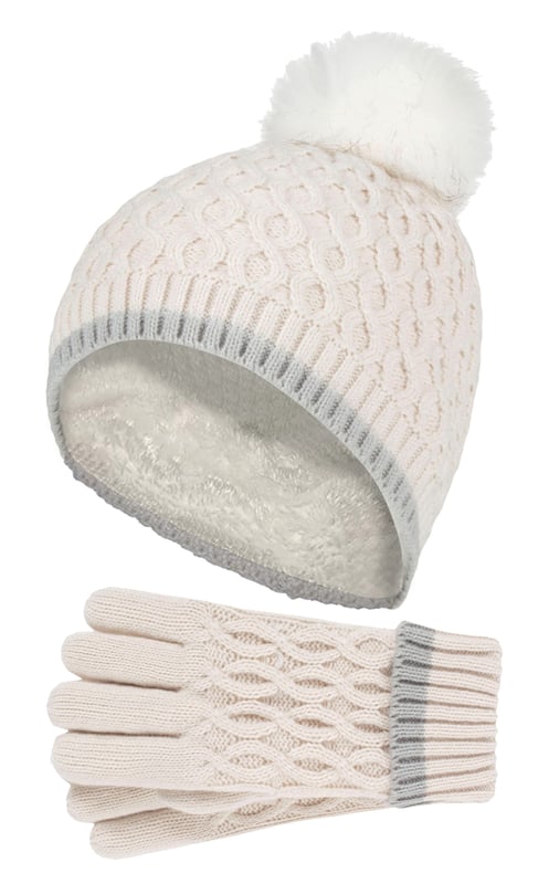 Dress your kids cosy this Winter Season with Heat Holders Ice Palace themed hat and gloves for girls! Toasty kids are happy kids! Make sure your child stays warm for Winter fun in these comfy matching hat and gloves set. This chunky pom pom hat and gloves are knitted in an attractive diamon-like design. They are soft yarn with a ribbed hem and incorporates the latest HeatWeaver® thermal lining, a luxurious, plush fur-like insulating fabric, that maximises the amount of warm air held close to the skin. The specially developed thermal yarn provides high performance insulation against cold with superior moisture breathing abilities. Made from stretchable construction, these hat and gloves set contours around the natural shape of your child's body for a better improved fit, warmth and comfort. Your kids will look and feel stylish whilst keeping warm in these very cute and comfortable pull on beanie hat. The pom pom detail on the top of the hat makes for an adorable Winter look! Designed to keep your child warm during the cold months, these gloves feature a turn over cuff so you can adjust the gloves according to your child's wrist for a cosy fit! They come in 5 colours ranging from Cloud Greym, Buttercream, Dusky Pink, Lavender Frost, Al Blue. These hats and gloves are available in 7-10 years.