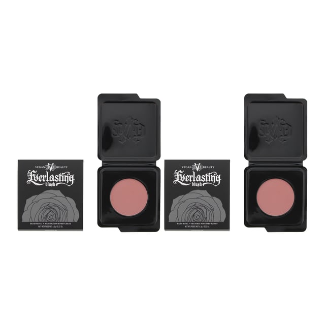 KVD Everlasting Refill Blush is a high-quality blush formula that delivers long-lasting, vibrant color to your cheeks. This refillable blush is part of the KVD Everlasting Blush collection, known for its exceptional pigmentation and smooth application. The blush is finely milled and blends effortlessly onto the skin, providing a soft and natural-looking flush of color. It is available in a range of shades to suit different skin tones and preferences, from subtle neutrals to bold and vibrant hues. Whether you prefer a soft, romantic glow or a bold pop of color, the KVD Everlasting Refill Blush has options to help you achieve your desired look. The formula is buildable, allowing you to customise the intensity of the blush. Whether you prefer a sheer wash of color or a more dramatic effect, you can easily layer the product to achieve your desired level of pigmentation. The blush has a velvety texture that blends seamlessly into the skin, leaving a smooth and flawless finish.  Not only does the KVD Everlasting Refill Blush provide beautiful color, but it is also formulated to be long-lasting. The blush stays put throughout the day, resisting fading or smudging, so you can enjoy a fresh and radiant look for hours.