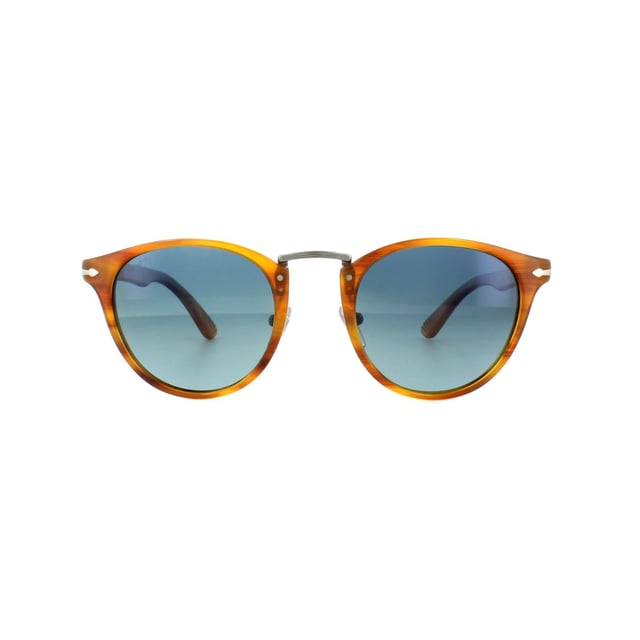 Persol Sunglasses 3108 960/S3 Striped Brown Blue Polarized 49mm takes its inspiration from that ultimate retro throwback, the typewriter. Rivets represent keys, Typewriter edition is stamped in the interior with classic American Typewriter font, and an impression of the lines of the type bars are subtly carved on the temple tips interiors. The style is completely retro with the round shape and classic metal bridge for a truly unique look.