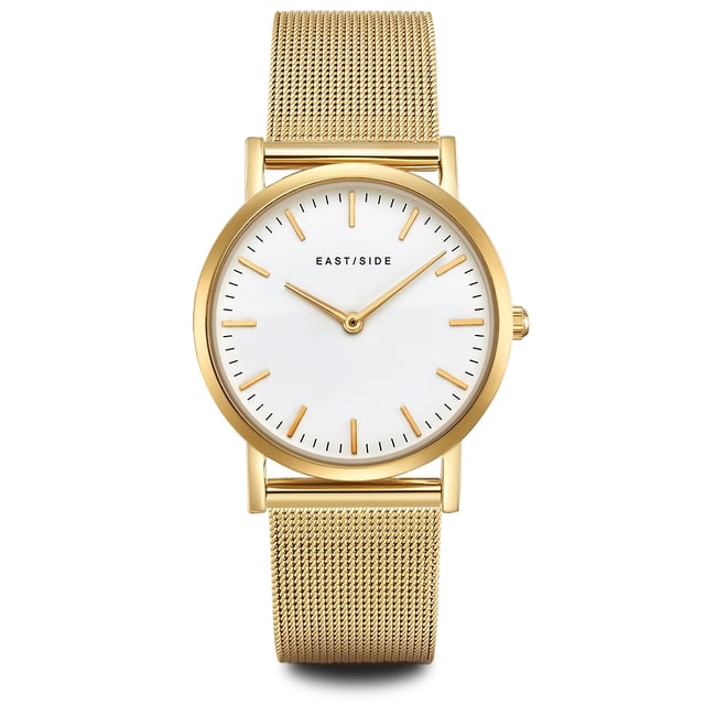 With a lot of feeling for design, this women's watch in the label Eastside combines modern and classic elements - noble and timelessly like the New York district of Eastside. The housing with screwed stainless steel housing floor receives a noble and warm shine due to a scratch-resistant ion plate made of yellow gold, which contrasts with the white dial. Simple dashes and delicate swords adapted perfectly to the minimalist-elegant look. A highlight is the filigree and also coated stainless steel bracelet coated with yellow gold, which nestles comfortably on the wrist and never gets out of fashion with its delicate mesh look.