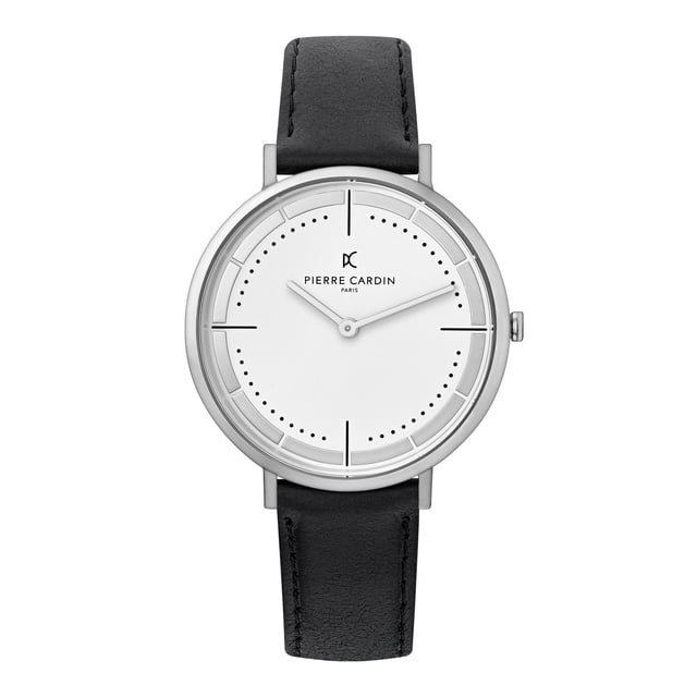This Pierre Cardin Belleville Park Analogue Watch for Men is the perfect timepiece to wear or to gift. It's Silver 41 mm Round case combined with the comfortable Black Leather watch band will ensure you enjoy this stunning timepiece without any compromise. Operated by a high quality Quartz movement and water resistant to 3 bars, your watch will keep ticking. This casual and modern watch is perfect for all kind of casual activities, indoor activities or daily use, it's also a great gift for family and friend. High quality 21 cm length and  18 mm width Black Leather strap with a Buckle Case diameter: 41 mm,case thickness: 5.8 mm, case colour: Silver and dial colour: White