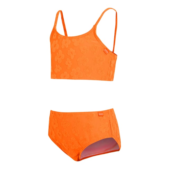 Regatta Girls Dakaria II Floral Bikini Set (Satsuma) 96% Polyester, 4% Elastane. Fabric: Stretch, Towelling. Design: Floral, Raised Texture. Fastening: Pull-On. Neckline: Scoop. Fabric Technology: Durable. Contents: 1 Swim Shorts, 1 Swim Top. Please Note: Light Foam Cups In Sizes 13yrs+. Sustainability: Made from Recycled Materials. Sleeve-Type: Sleeveless. Sun Rating: UPF 50+.