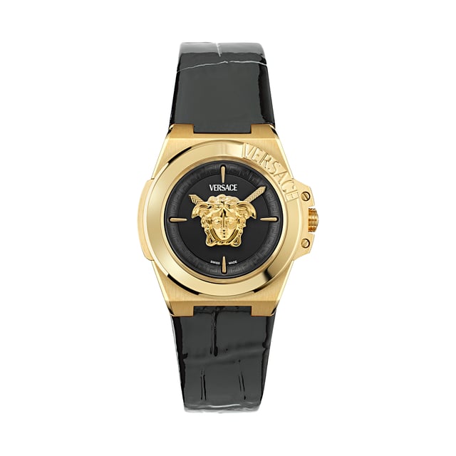 This Versace Hera Analogue Watch for Women is the perfect timepiece to wear or to gift. It's Gold 37 mm Round case combined with the comfortable Black Leather watch band will ensure you enjoy this stunning timepiece without any compromise. Operated by a high quality Quartz movement and water resistant to 5 bars, your watch will keep ticking. This high quality watch is an incredible eye-catching Ladies watch. This Analogue watch has a Swiss Made Movement High quality 19 cm length and 22 mm width Black Leather strap with a Deployment clasp Case diameter: 37 mm,case thickness: 12 mm, case colour: Gold and dial colour: Black