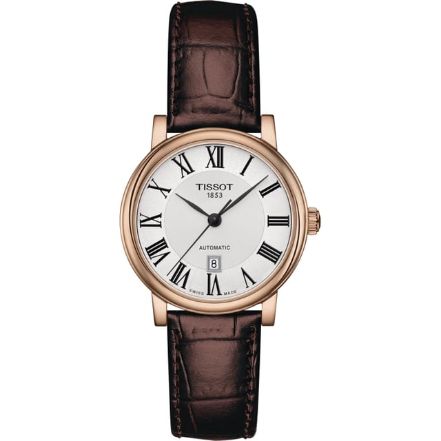 This Tissot Carson Premium Analogue Watch for Women is the perfect timepiece to wear or to gift. It's Rose Gold 30 mm Round case combined with the comfortable Brown Leather watch band will ensure you enjoy this stunning timepiece without any compromise. Operated by a high quality Automatic movement and water resistant to 5 bars, your watch will keep ticking. This high quality watch has an automatic watch movement ( recharged by any movement with your wrist; never needs a battery) - This Analogue watch has a calendar function: Date, Swiss Made High quality 19 cm length and 15 mm width a Brown Leather strap with a Buckle Case diameter: 30 mm,case thickness: 10 mm, case colour: Rose Gold and dial colour: Silver