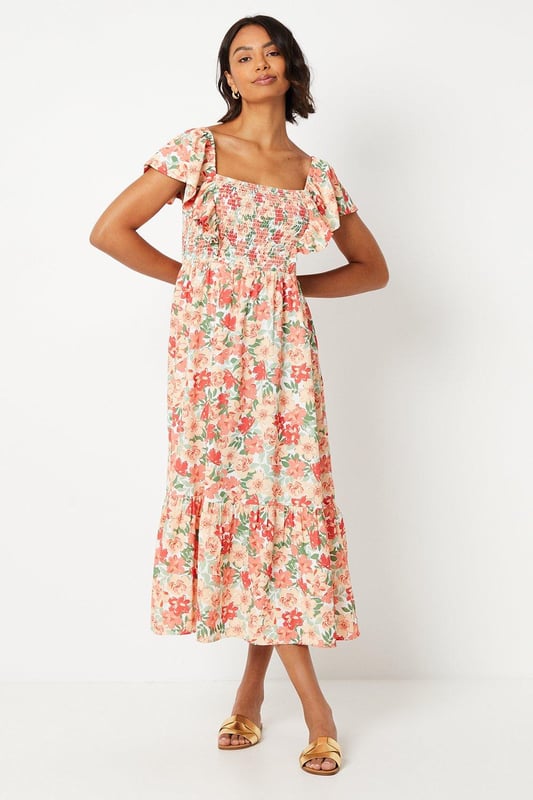Floral Shirred Bodice Ruffle Sleeve Midi Dress