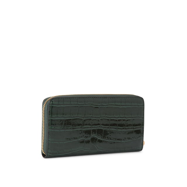 This Carvela Jessica Purse is crafted from a dark green croc embossed leather alternative. There gold branding on the front and a gold zip around. Dimensions: 10cm (H), 19cm (L), 2cm (D).