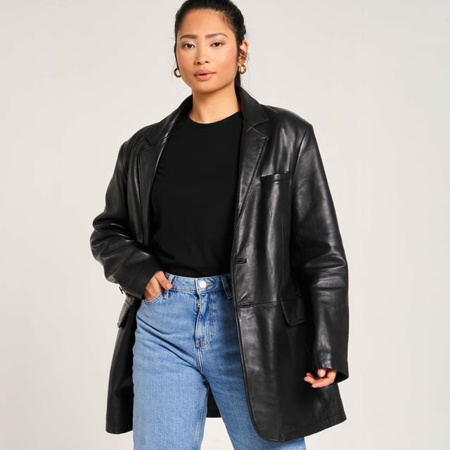 Barneys Originals Real Leather Oversized Blazer In Black.