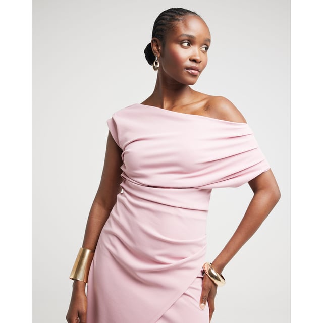 River Island Womens Bodycon Midi Dress Pink Drape Off Shoulder