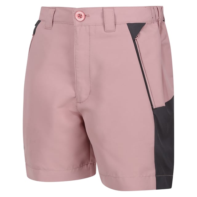 Regatta Childrens/Kids Sorcer Mountain III Shorts (Dusky Rose/Seal Grey) Fabric: Isotex, Stretch. Design: Colour Block, Logo. Pockets: 2 Side Pockets, 1 Back Pocket, Zip. Fastening: Button, Zip Fly. Fabric Technology: Durable, Isoflex, Lightweight, Quick Dry, Water Repellent. Belt Loops, Branded Tab. Waistline: Part Elasticated. Sustainability: Made from Recycled Materials.
