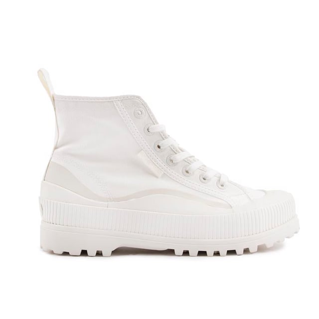 Bring Some Life And Retro Vibe Into Your Trainer Collection, With The Hi-top Alpina Women's Lace Up From Italian Brand Superga. Crafted From Breathable, Strong Cotton Canvas, The Stylish White Booties Are Finished With A Vulcanised, Thick Moulded Rubber Sole, Superga Logo And Branded Eyelets.
