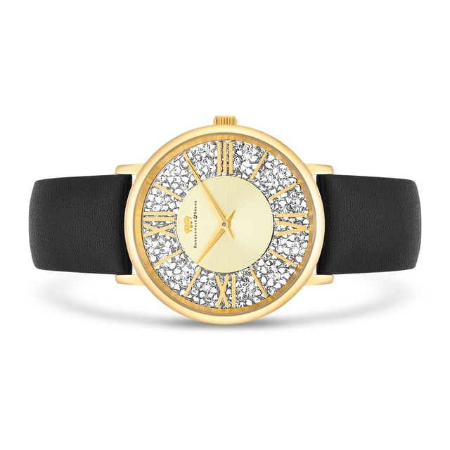 Trend meets tradition and glamor in perfect harmony with minimalism: This extraordinary women's watch of the Rhodenwald & Sons label combines the past and presence of clock design with style. The accessory skillfully stages the contrast between puristic strings, subtle arrow and an opulently structured dial, decorated with crystals. A scratch-resistant stainless steel case with IP finishing in yellow gold and screwed floor, a durable quartz plant and a soft real leather strap complete the luxurious equipment and make the clock a favorite piece.