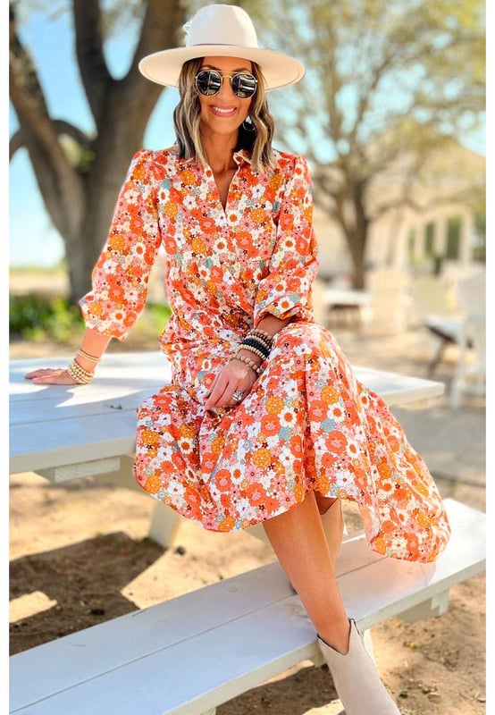 Mehrfarbiges Blumenmuster im Boho-Stil Kragenausschnitt Lange Ärmel Hoch tailliertes Design V-Ausschnitt Feminin und elegant Material: 100 % Polyester