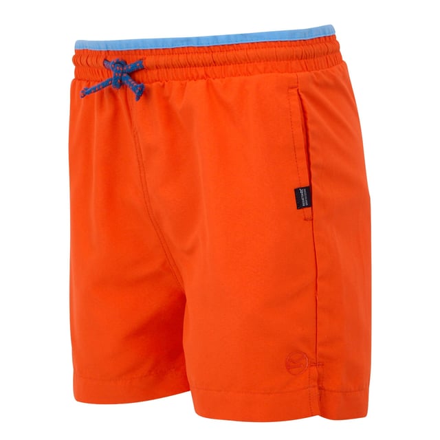 Regatta Childrens/Kids Skander III Plain Swim Shorts (Tangerine Tango) 100% Recycled Polyester. Fabric: Microfibre. Design: Logo, Plain. Pockets: 2 Side Pockets. Fastening: Pull-On. Fabric Technology: Durable, Lightweight, Quick Dry. Side Slits. Please Note: Ages 5-6 Years And Above Have Inner Mesh Liner. Waistline: Drawcord, Elasticated.