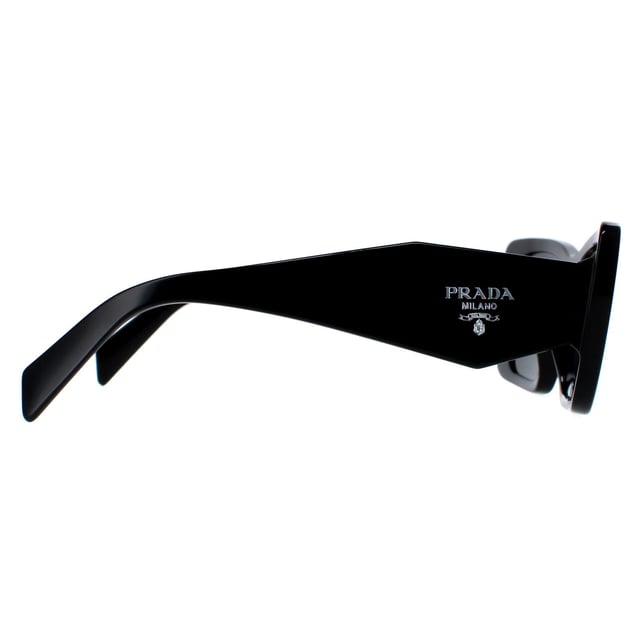 Prada Rectangle Womens Black Dark Grey PR08YS  Sunglasses are a sharp design made of high-quality acetate material that ensures durability and comfort. The temples are adorned with the iconic Prada logo, adding a touch of sophistication. These sunglasses are perfect for any occasion, whether it's a day out in the sun or a night out on the town.