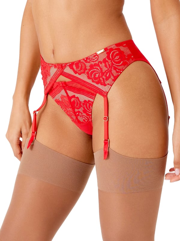 Gossard Encore Suspender Belt. With stretch lace, a straight edge and bold lace. The product is machine washable.