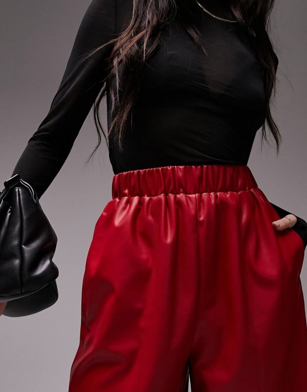 Topshop faux leather longline pull on short in red