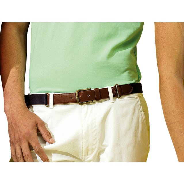 Canvas and faux leather belt. Belt strap and buckle are faux leather. 3 holes for belt buckle. Adjustable length (95 - 125cm). Materials: rubber and faux leather.
