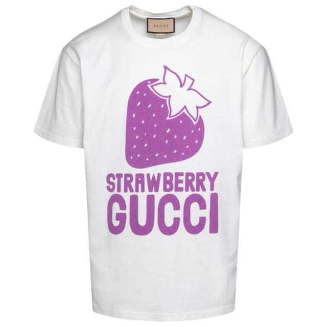 Gucci White Tee, 100% Cotton, Made In Italy, Strawberry Design On Front, This tee is Oversized in length, your regular fit should be perfect for this tee but be aware the length is longer than a typical tee.