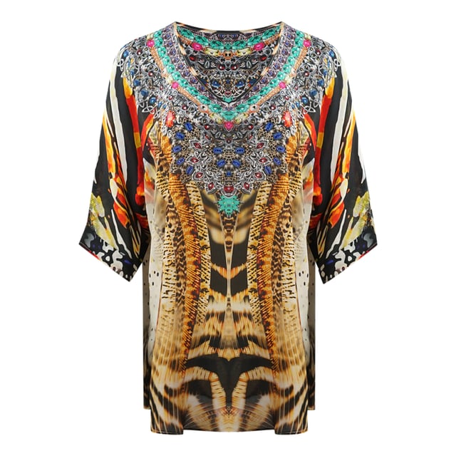 Inoa Golden Eagle 120214 Multicoloured Silk Fish Top. Show off your style wearing the Multicoloured Shirt. Its flattering Print make it a timeless piece for your wardrobe. Crafted from luxurious fabric, you'll make a statement with every wear. Make a statement in style!. 100% Silk, Multicoloured Design. 3/4 Length Sleeve, V-Neck. This Item is suitable for sizes UK 8 - UK 14. Product Style: Golden Eagle 120214