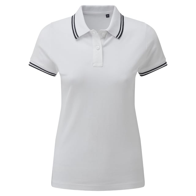 Fitted polo for women with tipped contrast detail to the collar and cuffs. Features two contrast coloured buttons on placket and a contrast colour on side vents. Also includes twin-needle stitching on hem and a ribbed knit collar and sleeve cuffs. Sizes: XS (8 UK), S (10 UK), M (12 UK), L (14 UK), XL (16 UK), XXL (18 UK). Materials: 100% ringspun combed cotton, Other materials: (Charcoal) 60% cotton, 40% polyester, (Heather Grey) 85% cotton, 15% viscose.