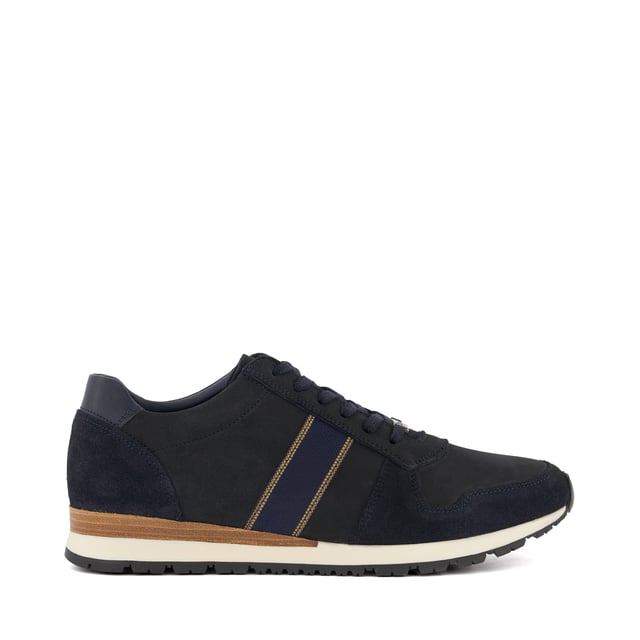 Dune Mens TRECK Stripe-Detail Runner Trainers Treck Embrace the season's runner trend with style Treck. Crafted from the finest materials, the side of this easy-to-wear sneaker features tonal stitching and is enhanced with intricate webbing detail at the side. Finished with a lace-up facing and our signature branded hardware, the sole is elevated with a contrast of finishes.
