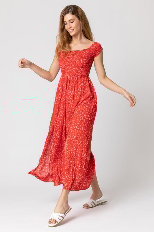 Shirred Ditsy Floral Print Bardot Dress